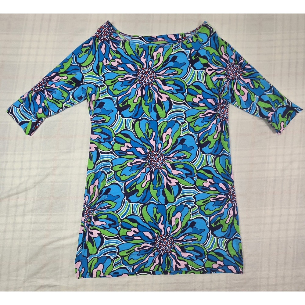 Lilly Pulitzer Cassie Dress 100% Slub Cotton 3/4 Sleeve Tropical Floral L